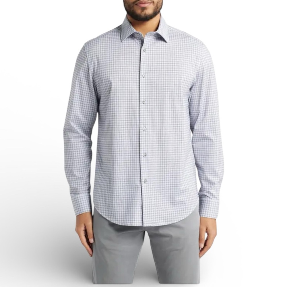 Michael Kors Men's Wrinkle Free Blue Tan Checkered Dress Shirt